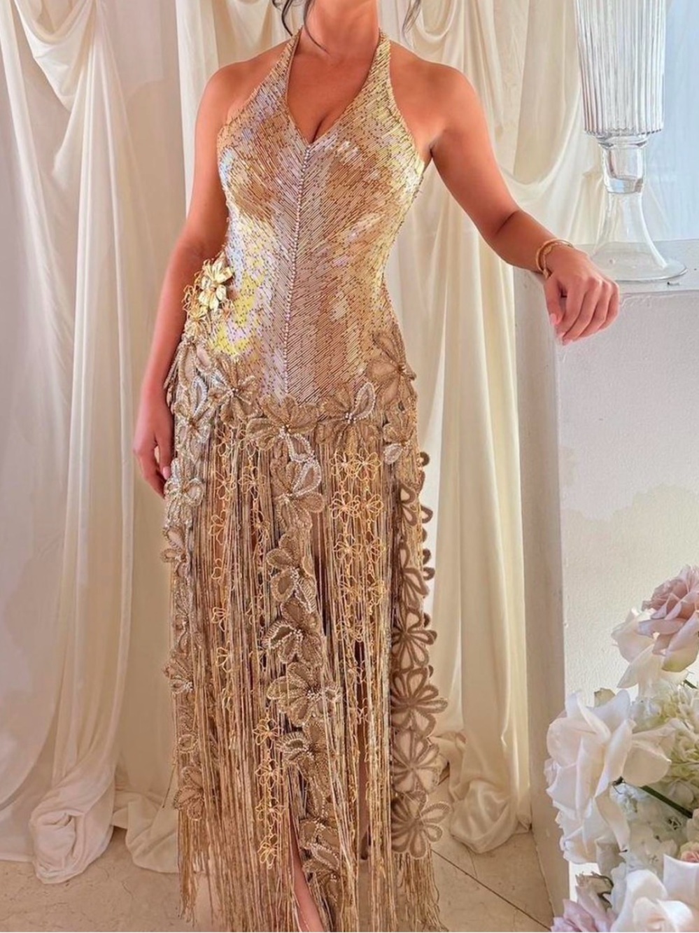 Gold Halter Fringe Evening Dress - Elegant Sequined Gown